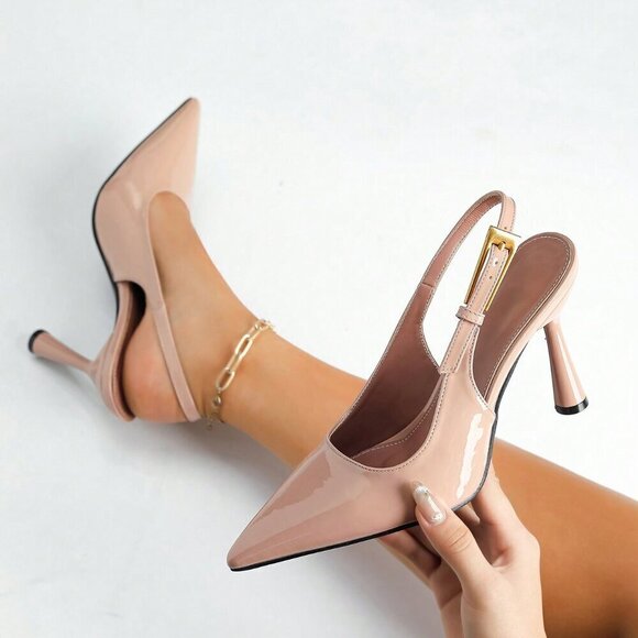 Pink Elegant Women's High Heel Pointy Toe Rhinestone Embellished Slingback Pumps - Picture 2 of 6